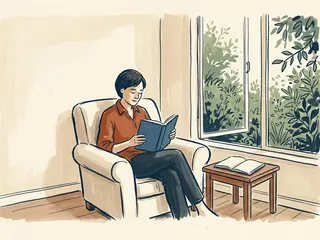 Una persona lee en un sillón junto a una ventana y un cuaderno abierto.