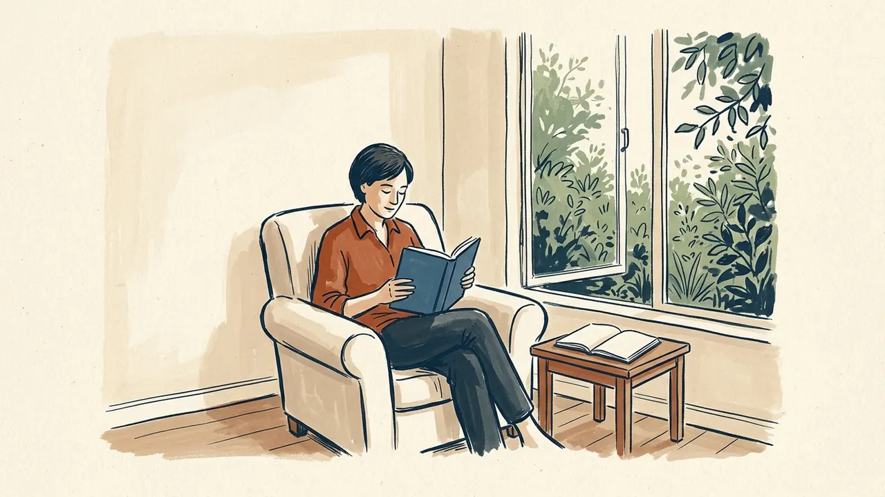Una persona lee en un sillón junto a una ventana y un cuaderno abierto.