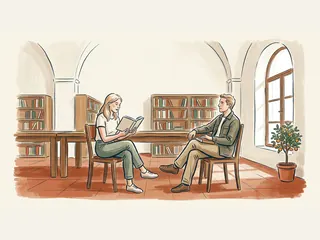 Mujer leyendo un libro a un hombre en una biblioteca luminosa.