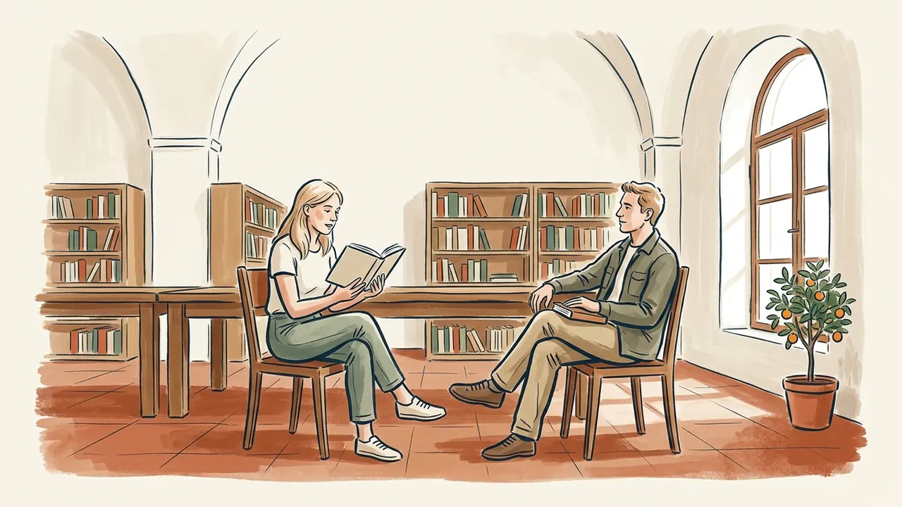 Mujer leyendo un libro a un hombre en una biblioteca luminosa.