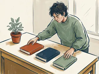 Una persona dispone tres libros cerrados sobre una mesa junto a una planta.