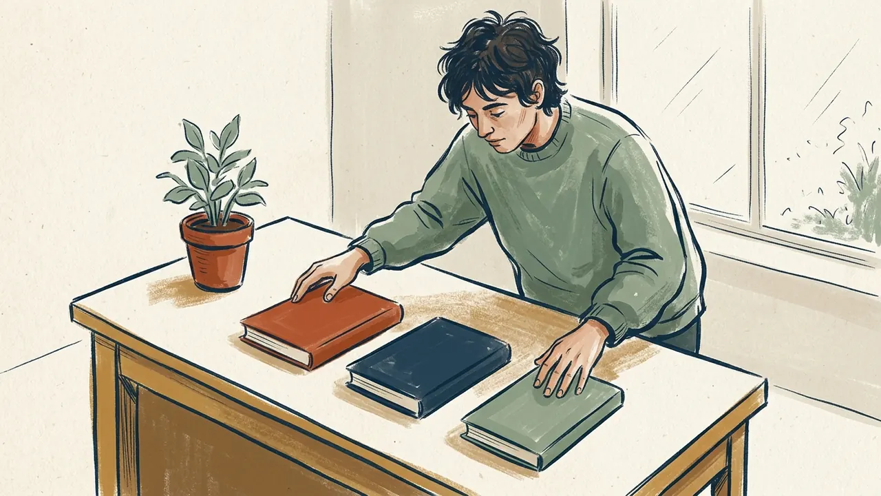Una persona dispone tres libros cerrados sobre una mesa junto a una planta.