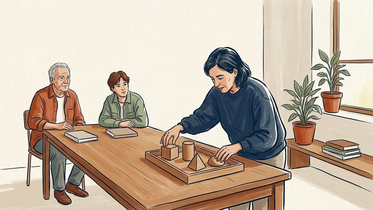 Una adulta organiza piezas geométricas en una bandeja mientras otras dos personas observan.