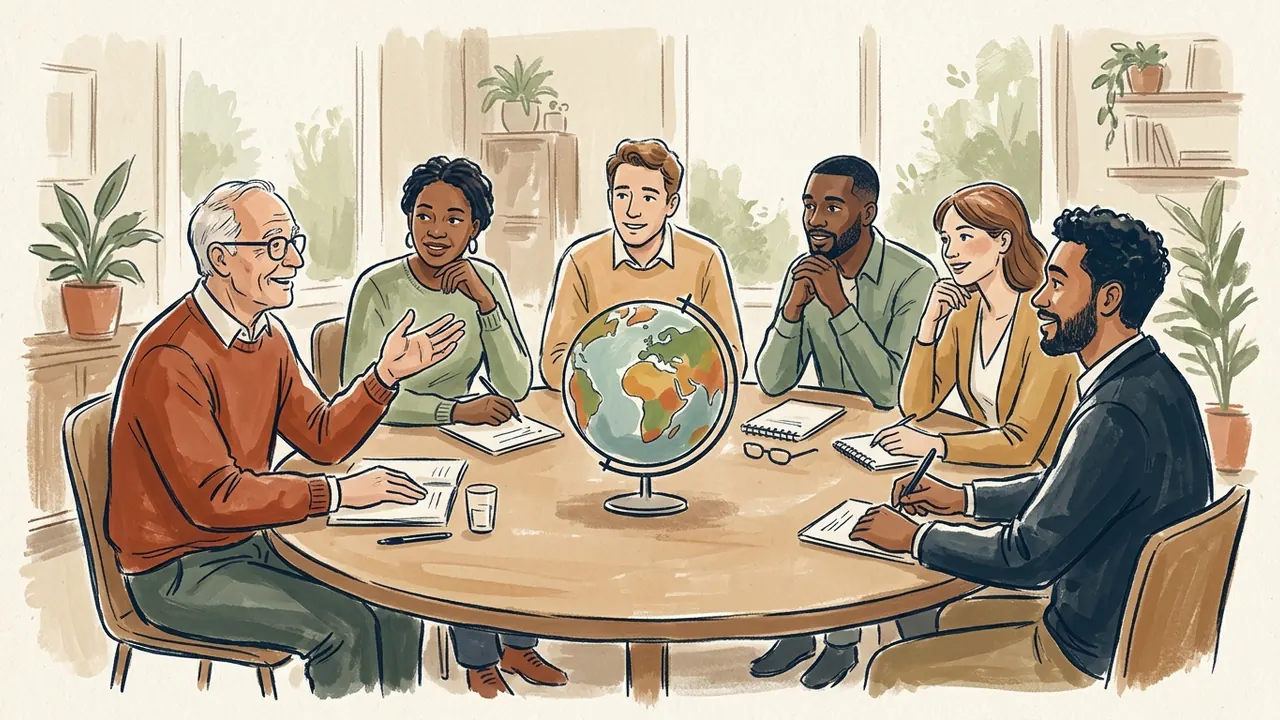 Seis personas adultas dialogan alrededor de una mesa redonda con un globo terráqueo en el centro.