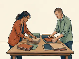 Dos personas adultas organizan carpetas cerradas de varios colores sobre una mesa.