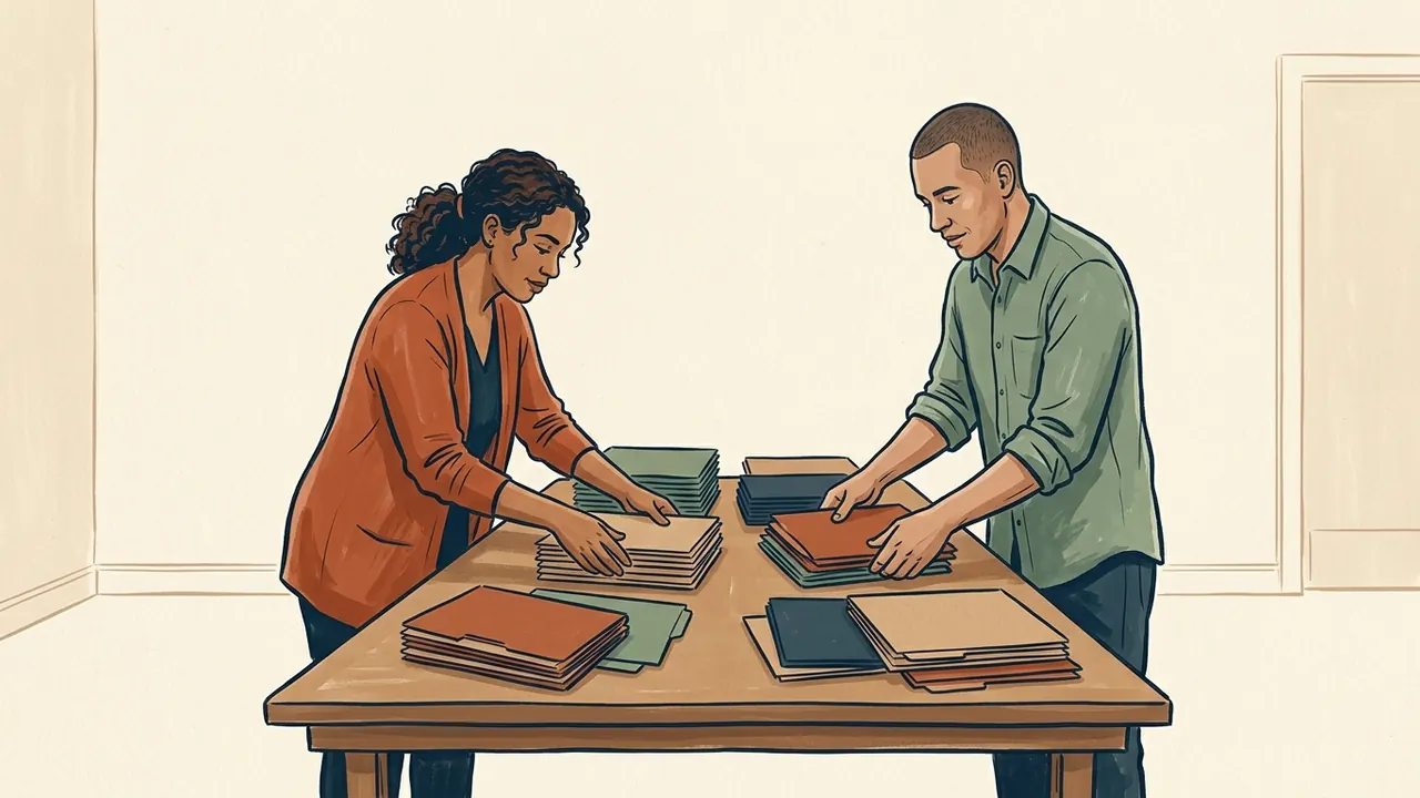 Dos personas adultas organizan carpetas cerradas de varios colores sobre una mesa.