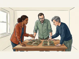 Tres personas conversan ante dos maquetas de huertos comunitarios sobre una mesa.