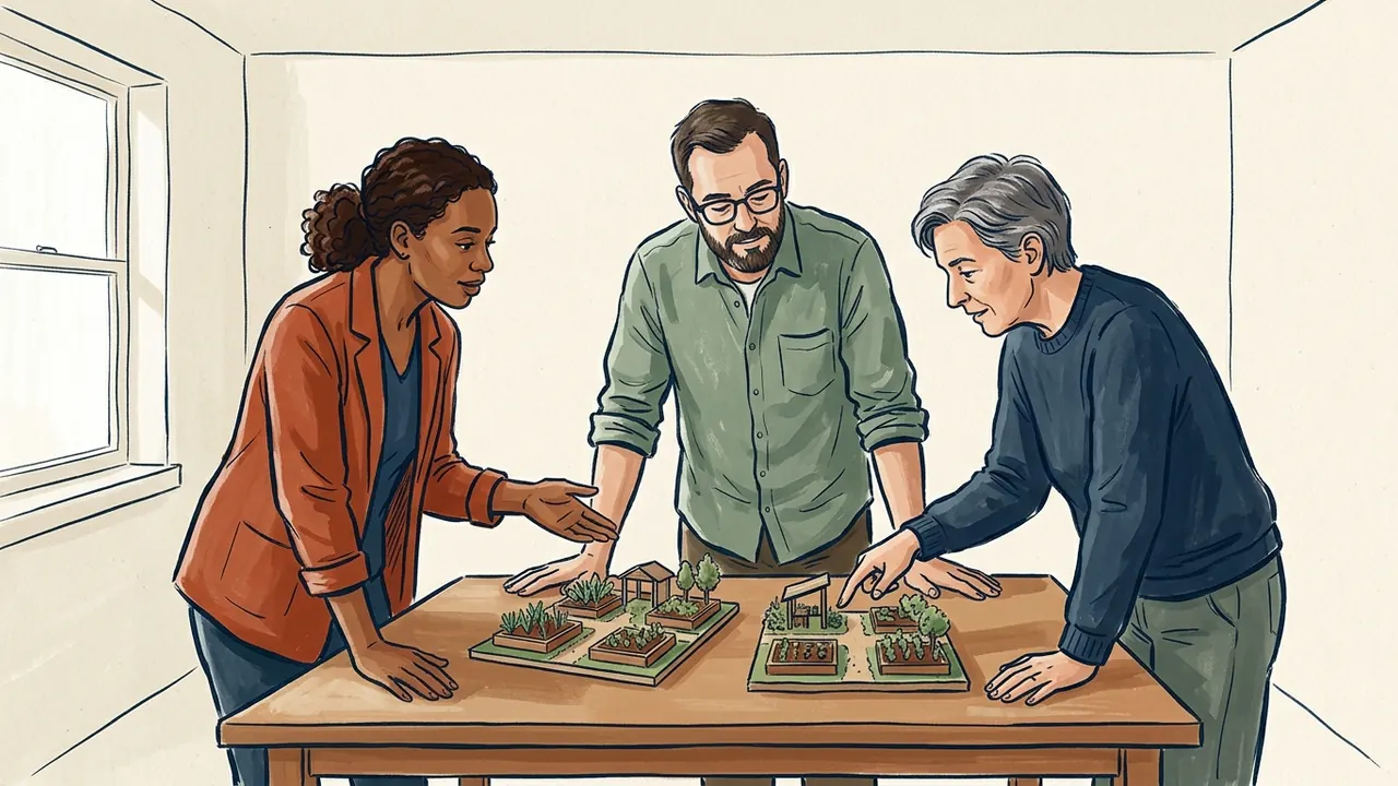 Tres personas conversan ante dos maquetas de huertos comunitarios sobre una mesa.