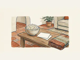 Cuenco de palomitas y dos tarjetas en blanco sobre una mesa de salón.