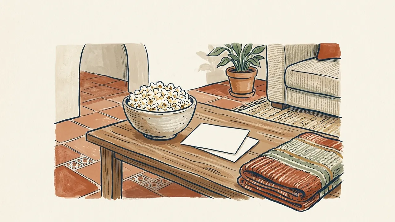 Cuenco de palomitas y dos tarjetas en blanco sobre una mesa de salón.