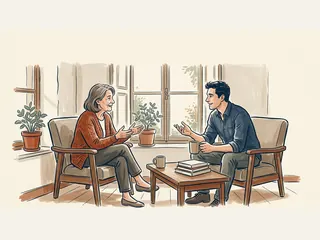 Dos adultos de piel clara conversan sentados en sillones junto a una ventana.