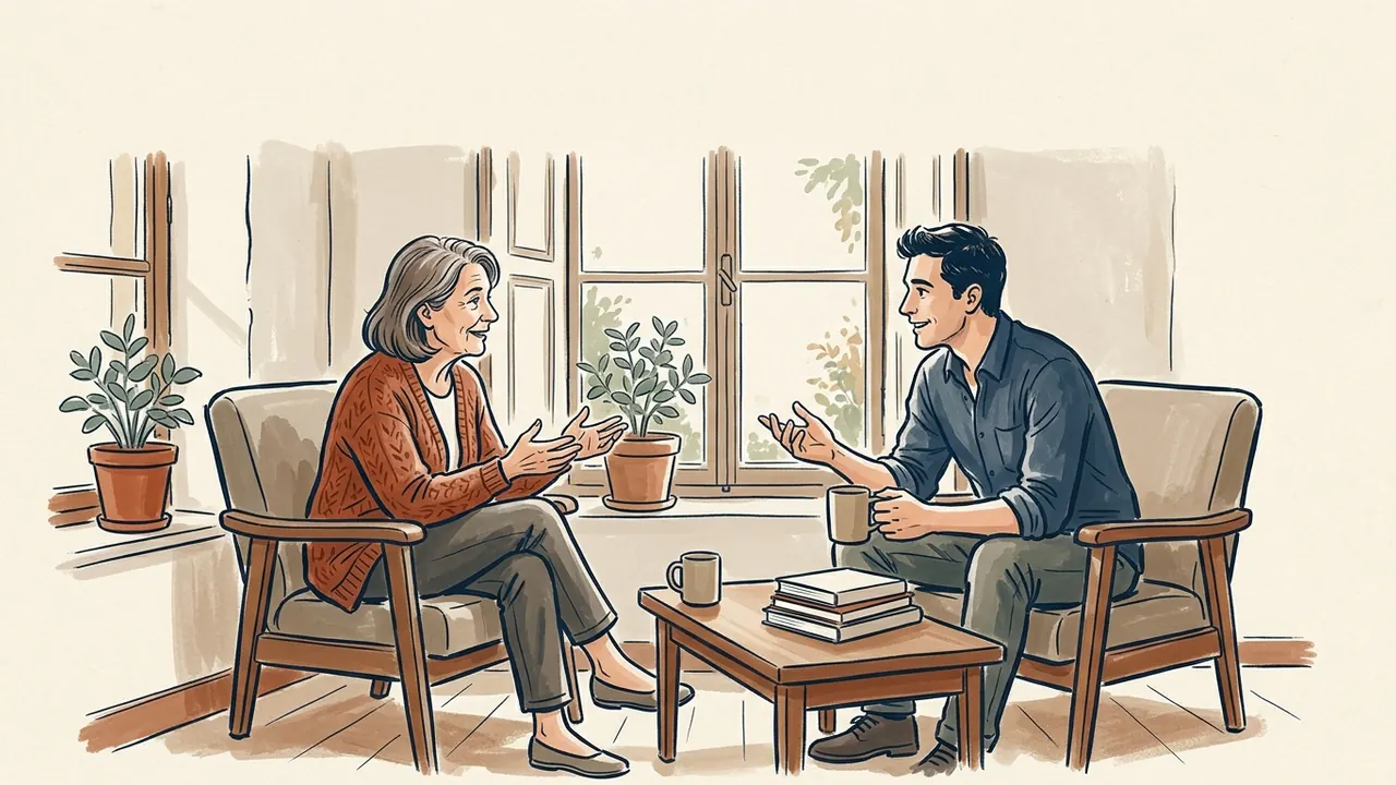 Dos adultos de piel clara conversan sentados en sillones junto a una ventana.