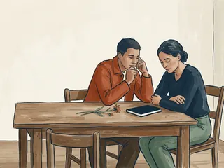 Dos personas adultas sentadas junto a una flor y un cuaderno cerrado en una mesa.