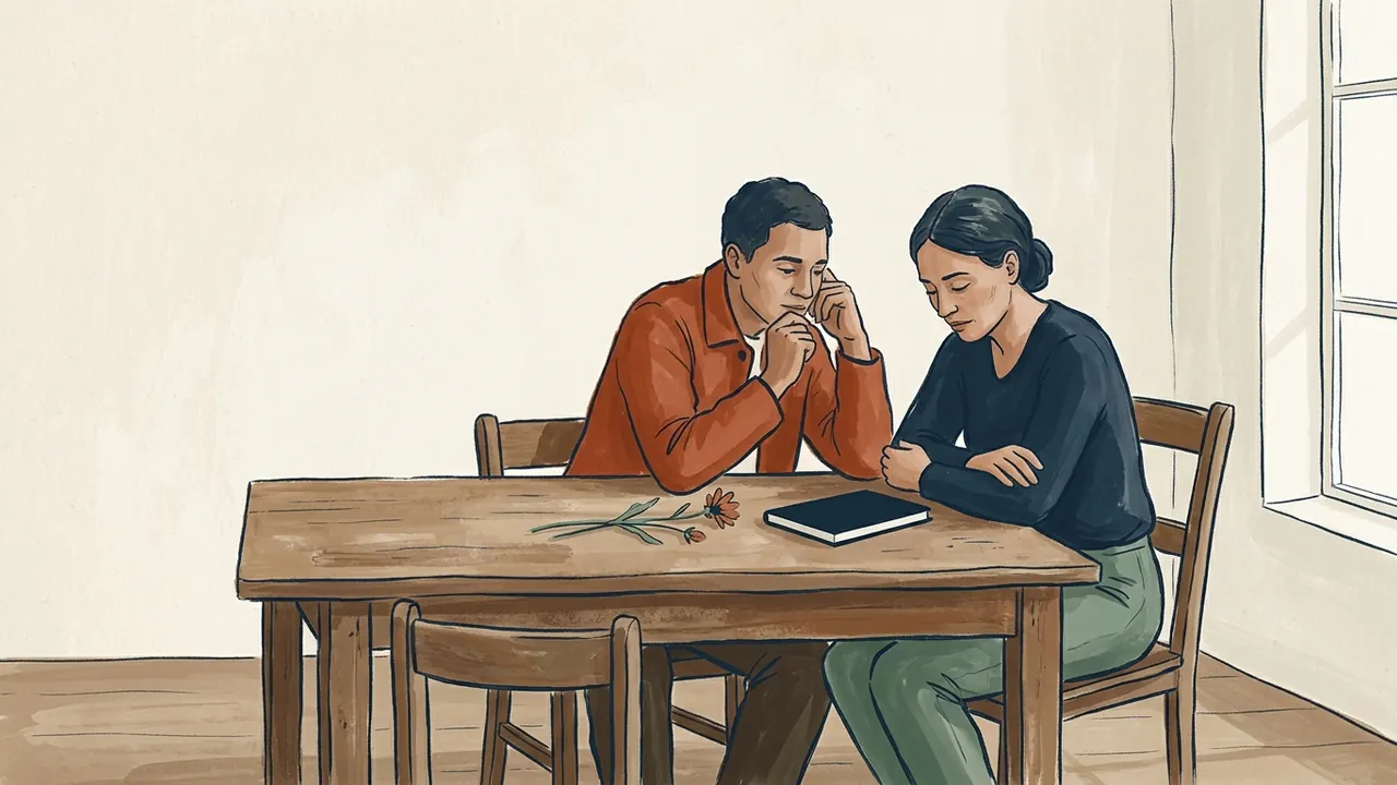 Dos personas adultas sentadas junto a una flor y un cuaderno cerrado en una mesa.