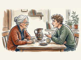Una persona mayor y otra joven conversan junto a una jarra decorada y dos tazas.