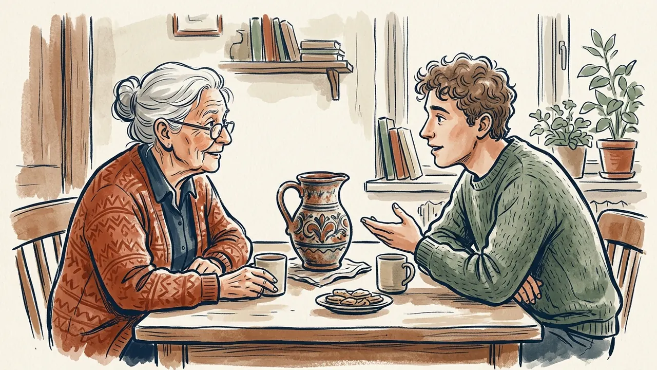 Una persona mayor y otra joven conversan junto a una jarra decorada y dos tazas.