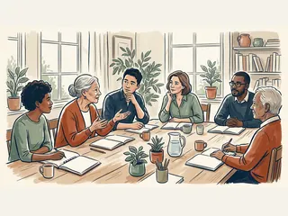 Seis personas de distintas edades conversan alrededor de una mesa con cuadernos abiertos.