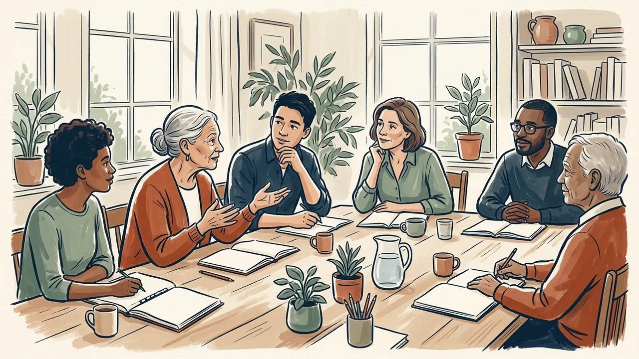 Seis personas de distintas edades conversan alrededor de una mesa con cuadernos abiertos.