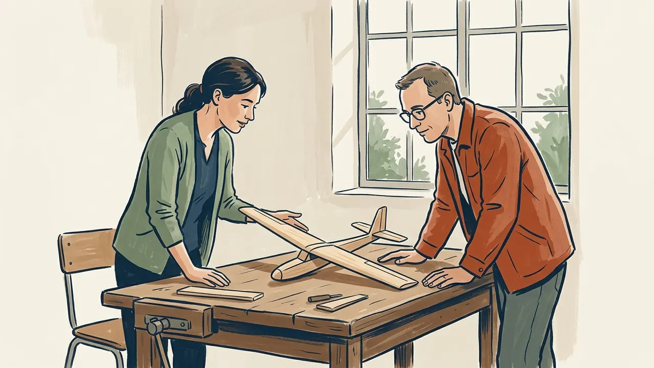 Dos personas observan una maqueta genérica de planeador de madera sobre una mesa.