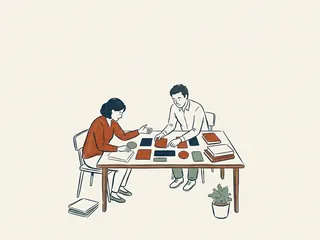 Dos personas diseñan una interfaz de papel con tarjetas de formas y colores sobre una mesa.