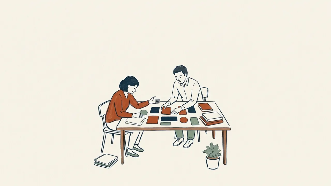 Dos personas diseñan una interfaz de papel con tarjetas de formas y colores sobre una mesa.