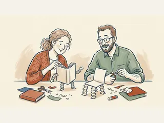 Dos personas adultas elaboran figuras de papel de un libro y una silla con piernas de acordeón.