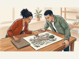 Dos personas adultas observan un dibujo de un edificio comunitario sobre una mesa.