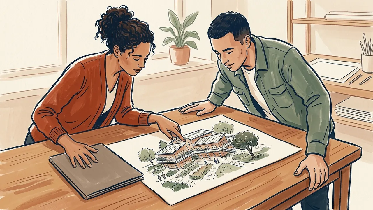 Dos personas adultas observan un dibujo de un edificio comunitario sobre una mesa.