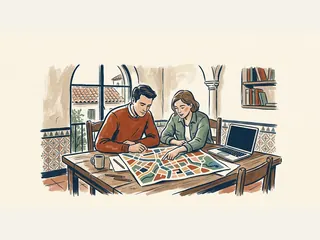 Dos adultos trabajando sobre un mapa de calles junto a un ordenador portátil.