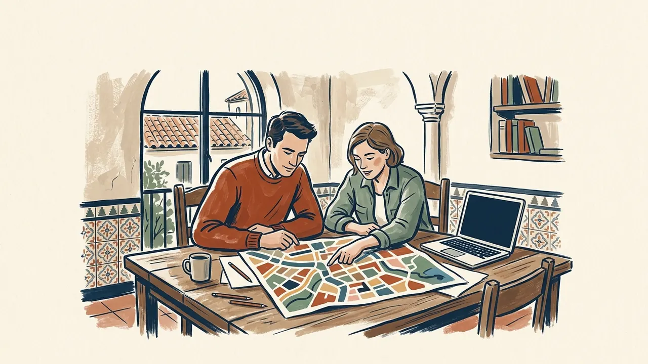 Dos adultos trabajando sobre un mapa de calles junto a un ordenador portátil.
