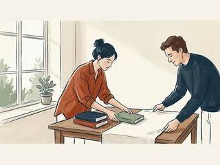 Dos personas preparan libros lisos y una tela sobre una mesa junto a una ventana.