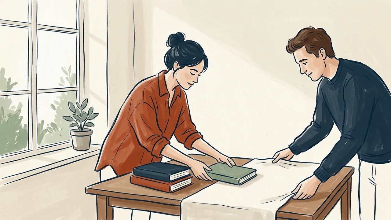 Dos personas preparan libros lisos y una tela sobre una mesa junto a una ventana.