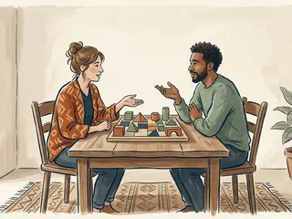 Dos personas adultas conversan ante un tablero de piezas geométricas de colores.