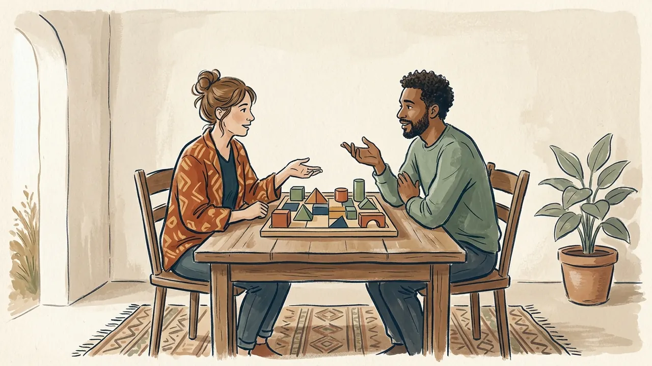 Dos personas adultas conversan ante un tablero de piezas geométricas de colores.