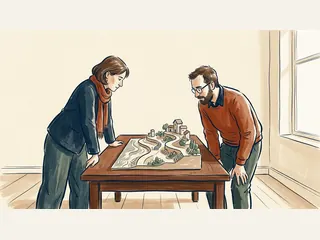 Dos personas observan una maqueta de un paseo marítimo imaginario sobre una mesa.
