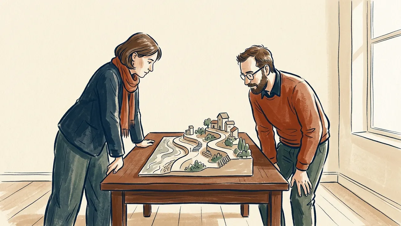 Dos personas observan una maqueta de un paseo marítimo imaginario sobre una mesa.