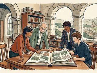 Cuatro personas consultan un libro ilustrado de patrimonio en una biblioteca con arcos de piedra.