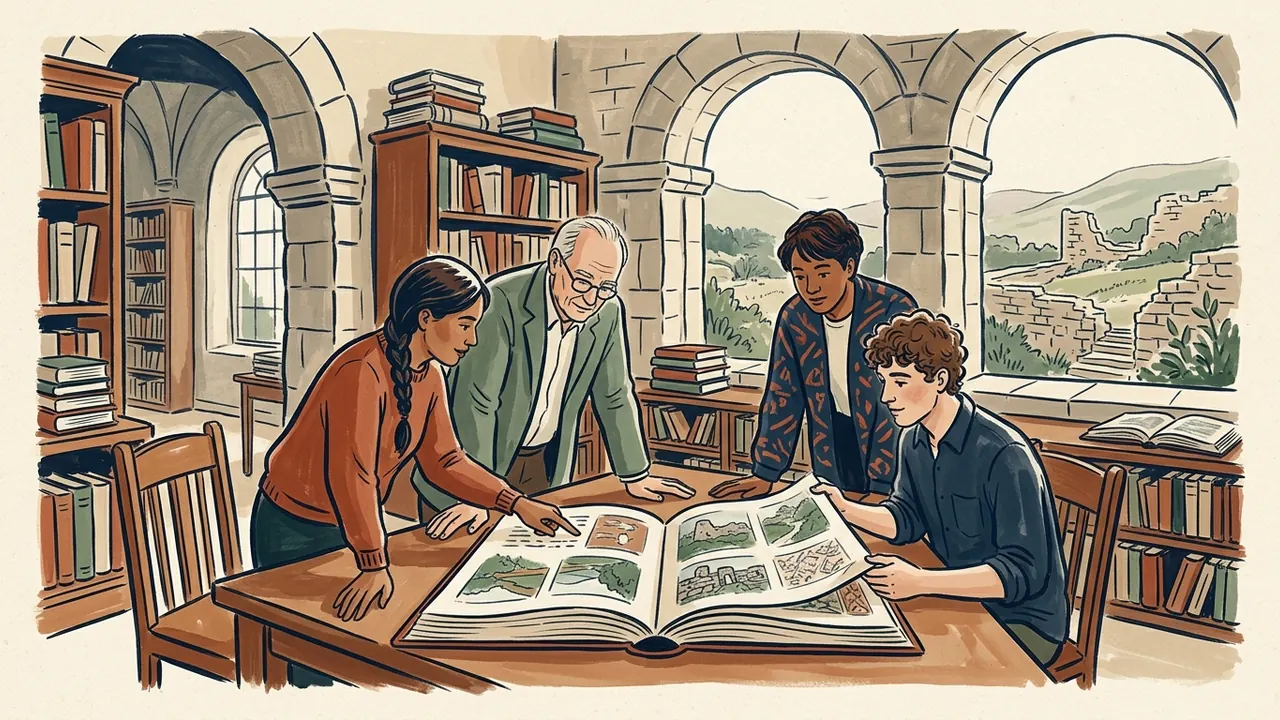 Cuatro personas consultan un libro ilustrado de patrimonio en una biblioteca con arcos de piedra.