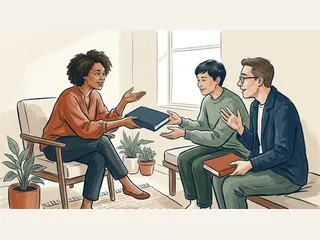Tres personas adultas conversan e intercambian libros de cubiertas lisas.
