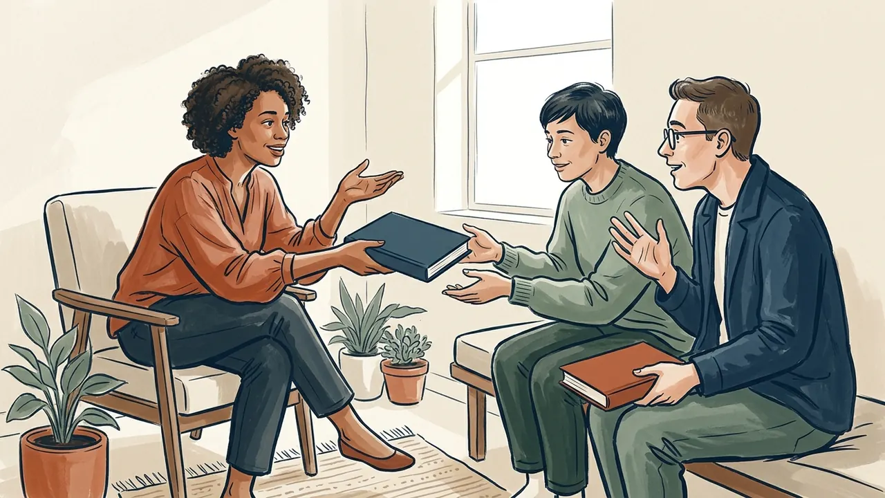 Tres personas adultas conversan e intercambian libros de cubiertas lisas.