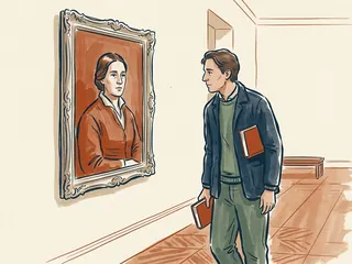 Una persona contempla un retrato ficticio enmarcado en una sala de museo y lleva libros de cubierta lisa.