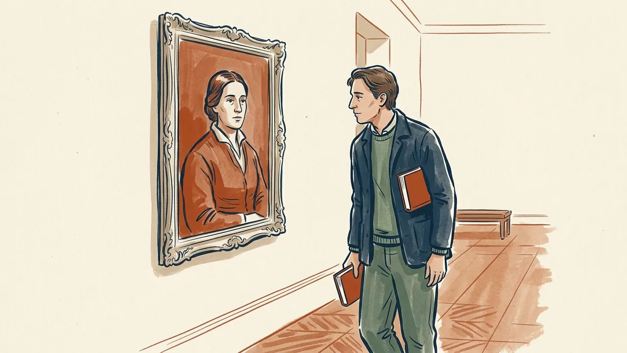 Una persona contempla un retrato ficticio enmarcado en una sala de museo y lleva libros de cubierta lisa.