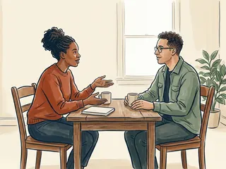 Dos personas conversan a la misma altura junto a una mesa con tazas y un libro liso.