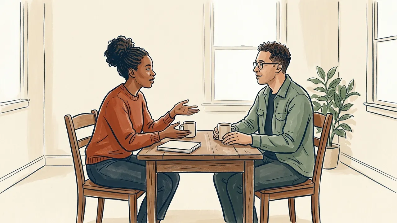 Dos personas conversan a la misma altura junto a una mesa con tazas y un libro liso.