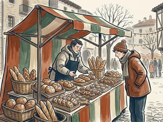 Un puesto de panes y dulces en una feria de invierno ficticia.