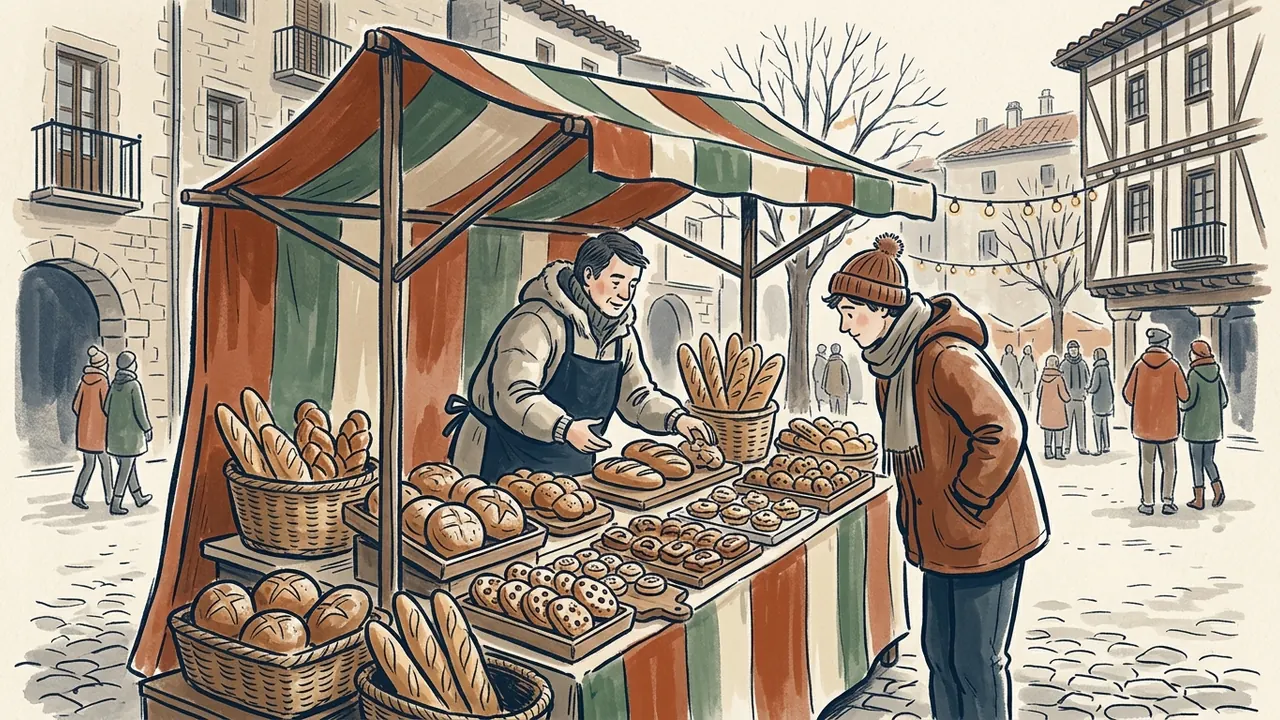 Un puesto de panes y dulces en una feria de invierno ficticia.
