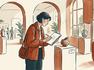 Una persona dibuja una pieza de cerámica en una sala cultural ficticia.