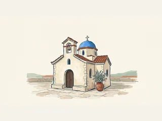 Pequeña iglesia mediterránea ilustrada, con campanario y cúpula azul.
