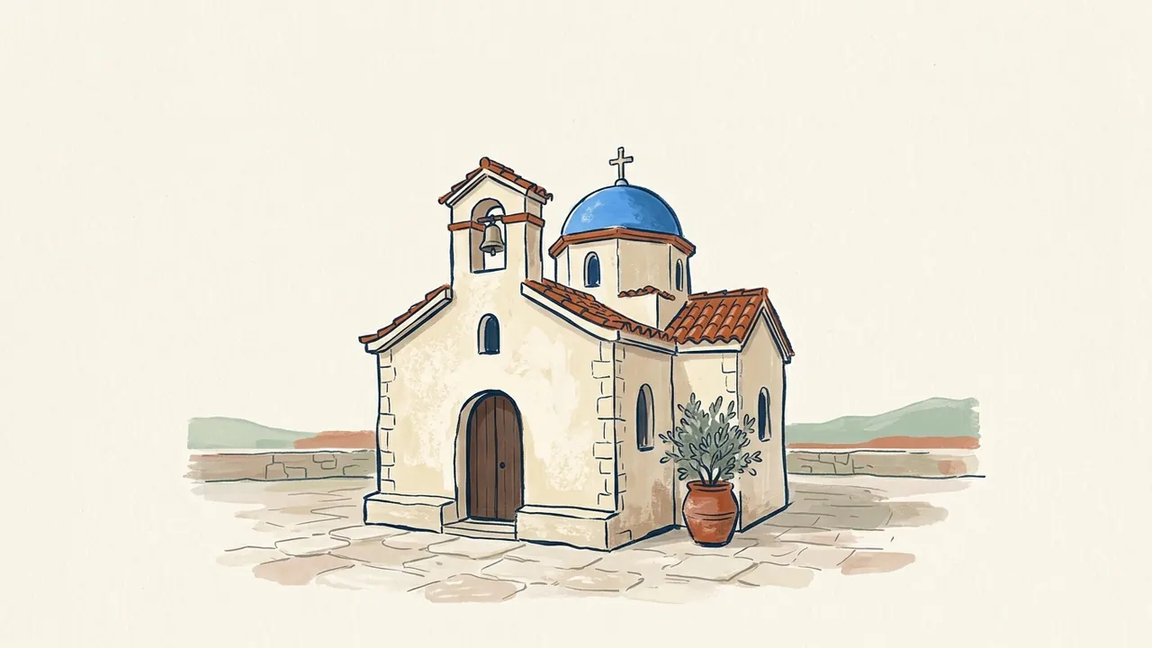Pequeña iglesia mediterránea ilustrada, con campanario y cúpula azul.