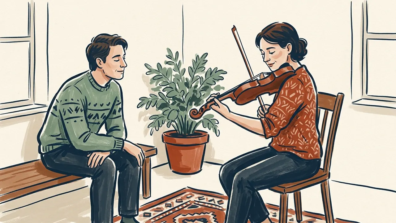 Una persona adulta toca el violín mientras otra escucha en una habitación.